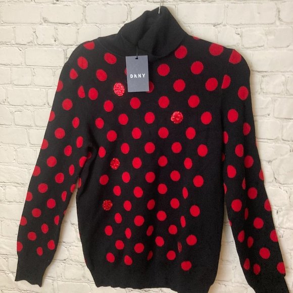 DKNY black and red polka dot turtleneck sweater - Picture 3 of 6
